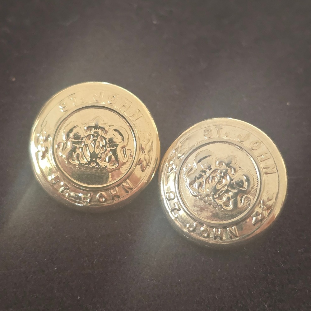 St John Knits Vintage Gold Tone Crest Logo Shank Buttons Set of 2 0.75 Inch